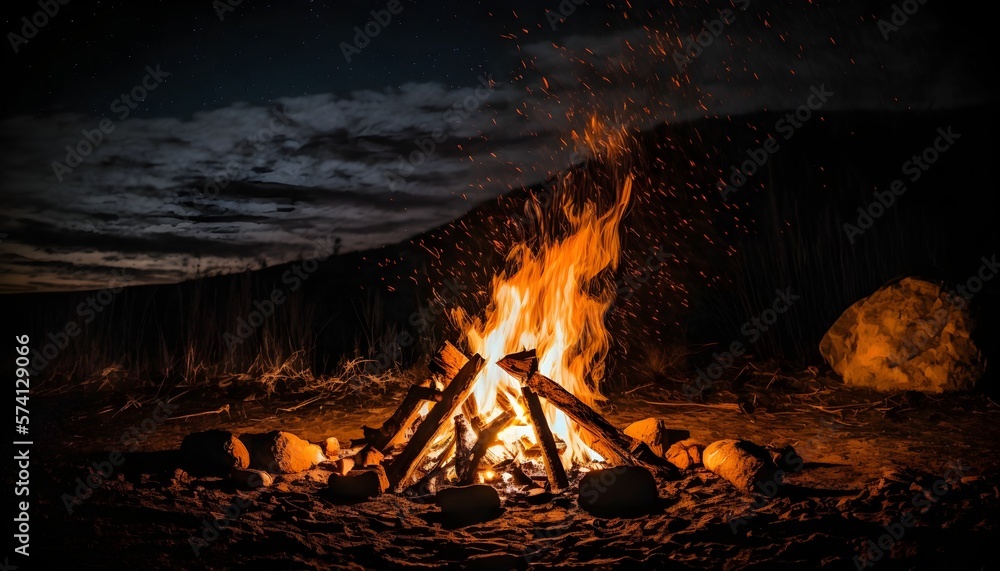 Campfire, Wood burning, chilling views in dark night Campfire, Wood burning, chilling views in dark night