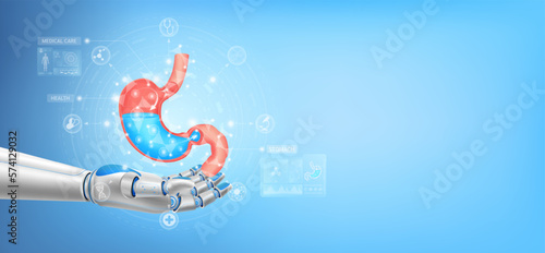 Stomach float away from in robot hand. Futuristic medical cybernetic robotics technology. Innovation artificial intelligence robot assist care health. With copy space for text. 3D Vector.