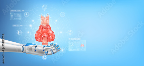 Human thyroid gland float away from in robot hand. Futuristic medical cybernetic robotics technology. Innovation artificial intelligence robot assist care health. With copy space for text. 3D Vector.