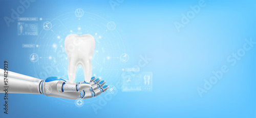 Tooth float away from in robot hand. Futuristic medical cybernetic robotics technology. Innovation artificial intelligence robot assist care health. With copy space for text. 3D Vector.