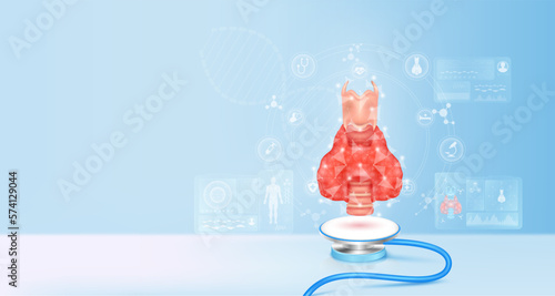 Human thyroid gland float away from stethoscope. Image virtual hologram on screen computer. Doctor diagnose digital data record. Electronic medical technology innovation. 3d Vector.