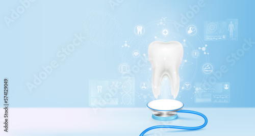 Tooth float away from stethoscope. Projecting image virtual hologram through screen computer. Doctor diagnose digital data record on electronic medical. Scientific technology innovation. 3d Vector.