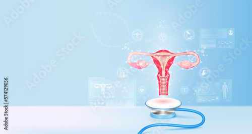 Female uterus, ovaries float away from stethoscope. Image virtual hologram on screen computer. Doctor diagnose record. Reproductive organs treatment concept. Medical technology innovation. 3d Vector