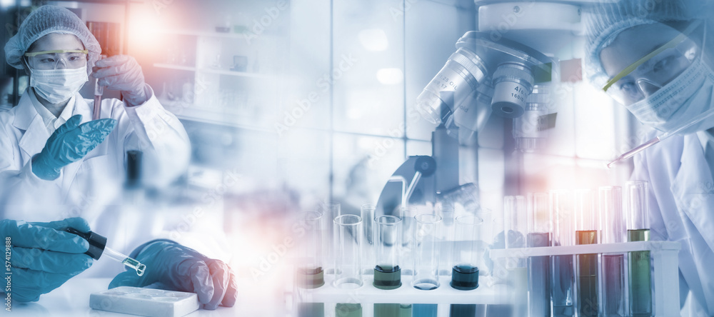 Double exposure microscope and Young woman scientific using equipment in the laboratory for research.Biotechnology,development,chemical,vaccine,COVID-19. Photo concept experimentation and research.