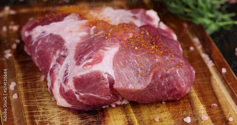 Processing and marinade with aromatic spices with salt of pork meat, preparation of pork neck meat for cooking on kebabs Processing and marinade with aromatic spices with salt of pork meat, preparation of pork neck meat for cooking on kebabs