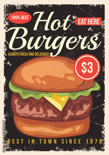 Hot burgers vintage restaurant sign retro poster vector design.