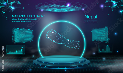 nepal map light connecting effect background. abstract digital technology UI, GUI, futuristic HUD Virtual Interface with nepal map. Stage futuristic podium in fog.