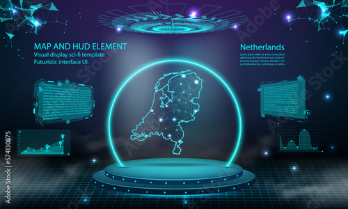 netherlands map light connecting effect background. abstract digital technology UI, GUI, futuristic HUD Virtual Interface with netherlands map. Stage futuristic podium in fog.