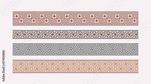Greek key ornaments collection. Colored meander pattern set. Repeating geometric meandros motif. Greek fret design. Ancient decorative border. Vector decoration