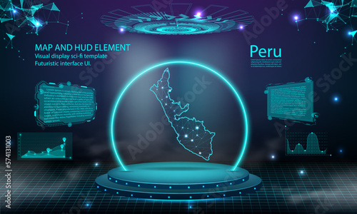 peru map light connecting effect background. abstract digital technology UI, GUI, futuristic HUD Virtual Interface with  map. Stage futuristic podium in fog.