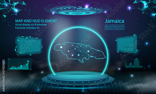 jamaica map light connecting effect background. abstract digital technology UI, GUI, futuristic HUD Virtual Interface with jamaica map. Stage futuristic podium in fog.