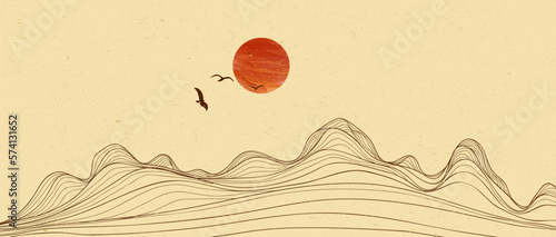 Illustrations of Mountain art landscape. Creative minimalist modern line art print. Abstract contemporary aesthetic backgrounds landscapes. with Mountain, hill, sunset and flying bird