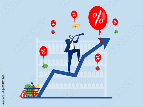 goods Inflation, businessman analysis with Rising food price crisis,Prices of commodities and consumer goods rose due to rising inflation concept. vector illustration