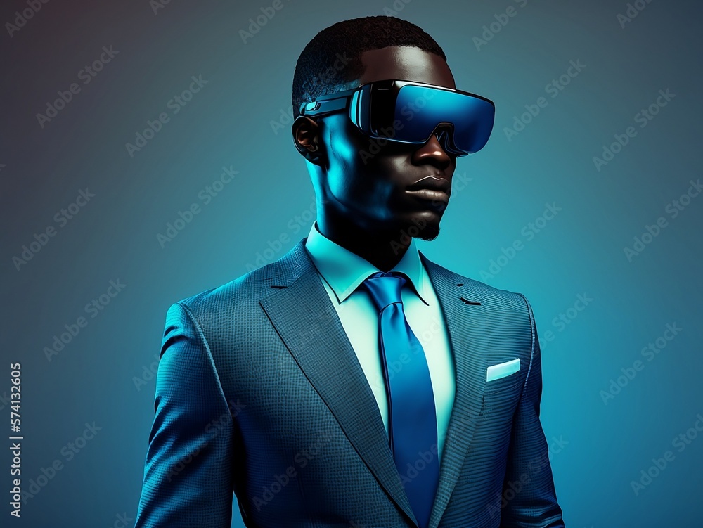 AI generated image of an African-American businessman wearing a VR headset in a business tech concept. He appears to be in an online meeting. AI generated image of an African-American businessman wearing a VR headset in a business tech concept. He appears to be in an online meeting.