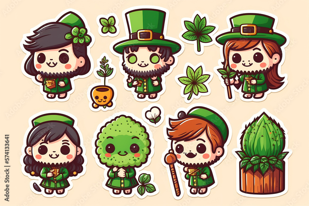 Fototapeta premium Colorful Saint Patrick day cute stickers collection set on isolated background. Cute Irish holiday symbols and elements collection. Generative Ai