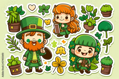 Colorful Saint Patrick day cute stickers collection set on isolated background. Cute Irish holiday symbols and elements collection. Generative Ai