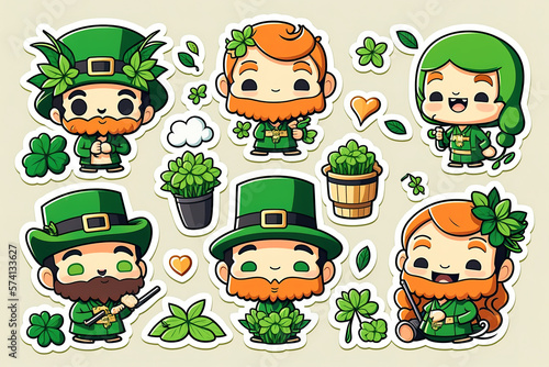 Colorful Saint Patrick day cute stickers collection set on isolated background. Cute Irish holiday symbols and elements collection. Generative Ai