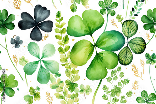 Saint Patrick day illustration pattern with green clover leaves. Repeating pattern in watercolor drawing suitable for St Patricks Day. Generative Ai