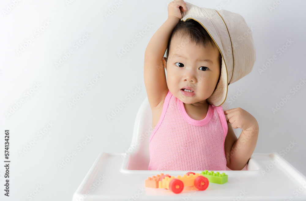 one year old baby boy wearing a hat on white background, Happy smile cute little asian one year old baby boy wearing a hat on white background, Happy smile cute little asian