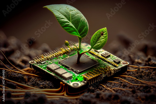 Seed growing on circuit board. Saving energy to protect environment and nature. Green IT ecology technology. Generative AI