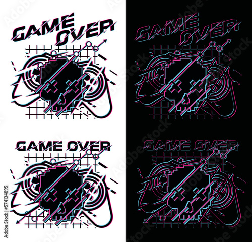 Skeleton game over on console gaming in neon color illustration