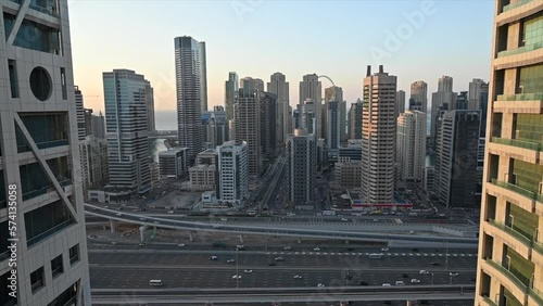4K: UAE skyscrapers of Dubai Marina district with modern buildings, united arab emirates photo