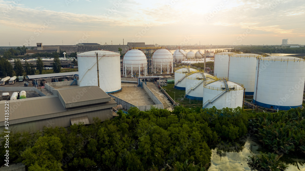 Aerial view of industrial gas storage tank in factory. LNG or liquefied