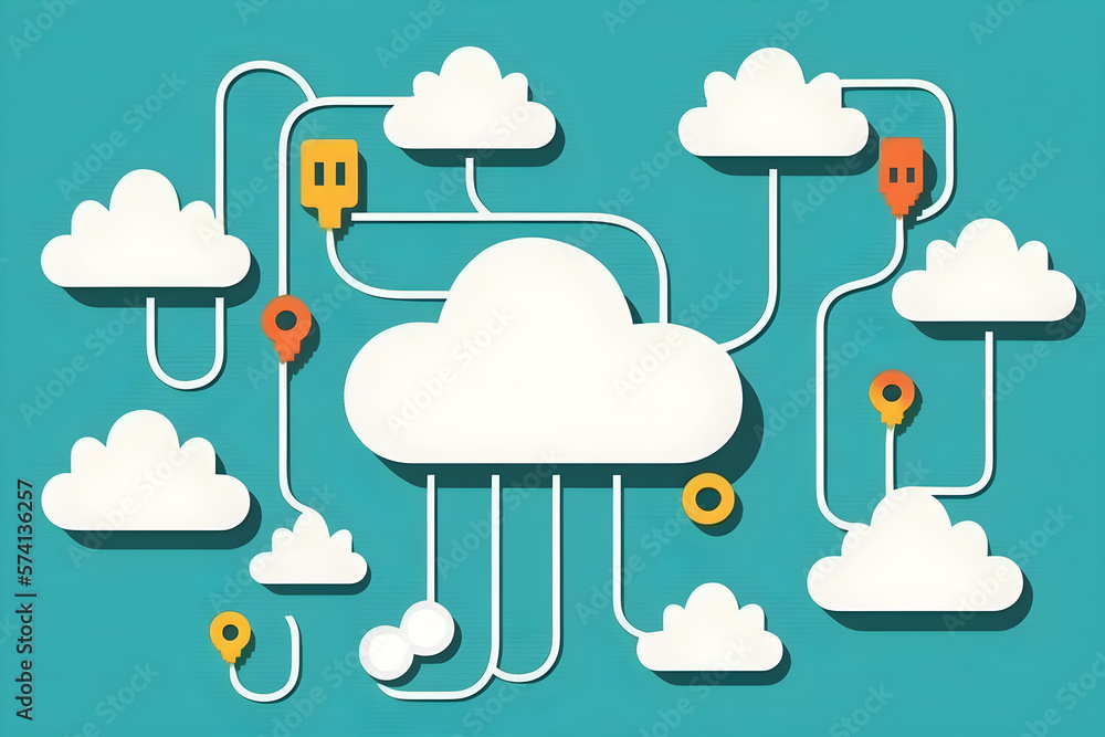 Cloud networking or Digital networking illustration with cloud icons connected. Generative AI