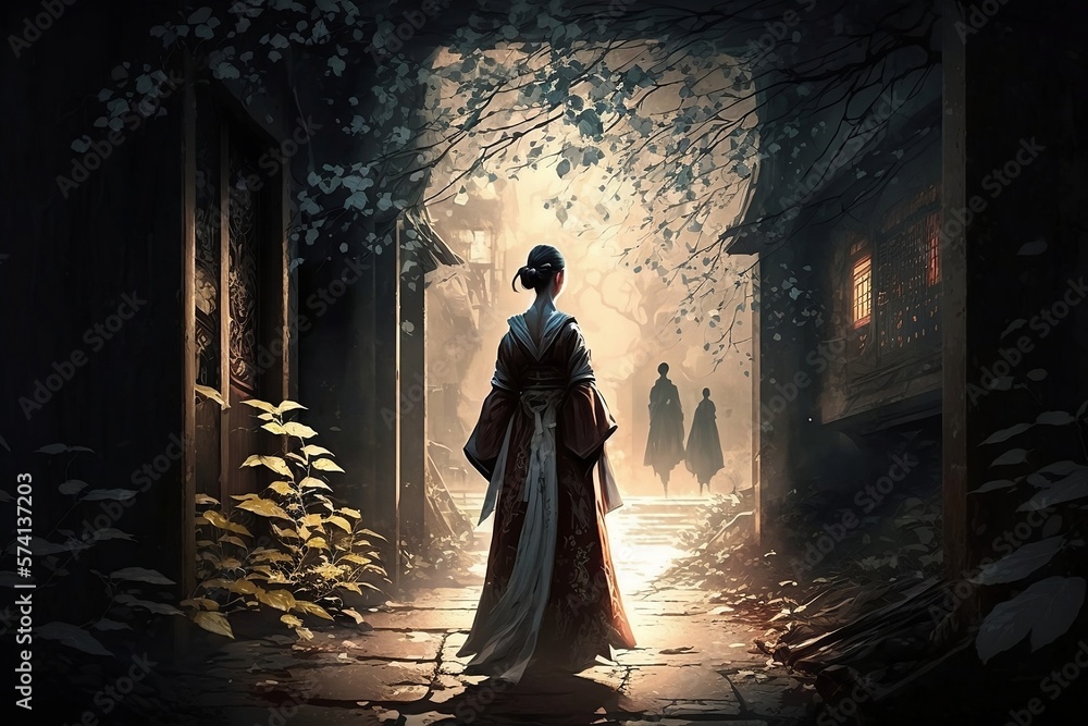 The Path of Grace: A Geisha's Light-Footed Walk along a Serene Trail
