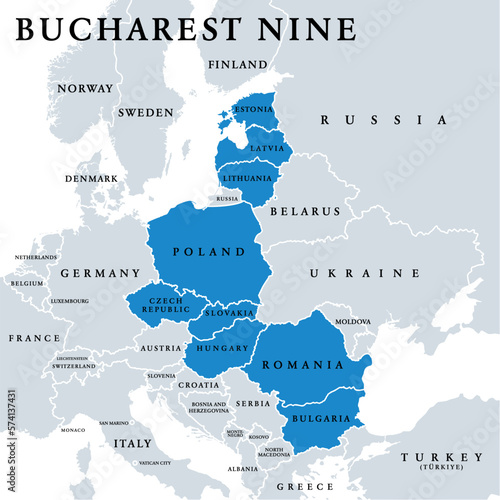 Bucharest Nine members, or Bucharest Format, political map. Organization of former Soviet Union countries Bulgaria, Czech Republic, Estonia, Hungary, Latvia, Lithuania, Poland, Romania and Slovakia.