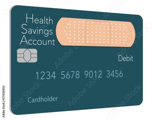 Here is a Health Savings Account medical insurance debit card in a modern design and is decorated with an adhesive bandage to go with the medical spending theme. This is a 3-d illustration.

