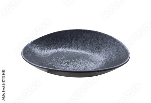 Empty black ceramic plate isolated on a white background.Black dish isolated.