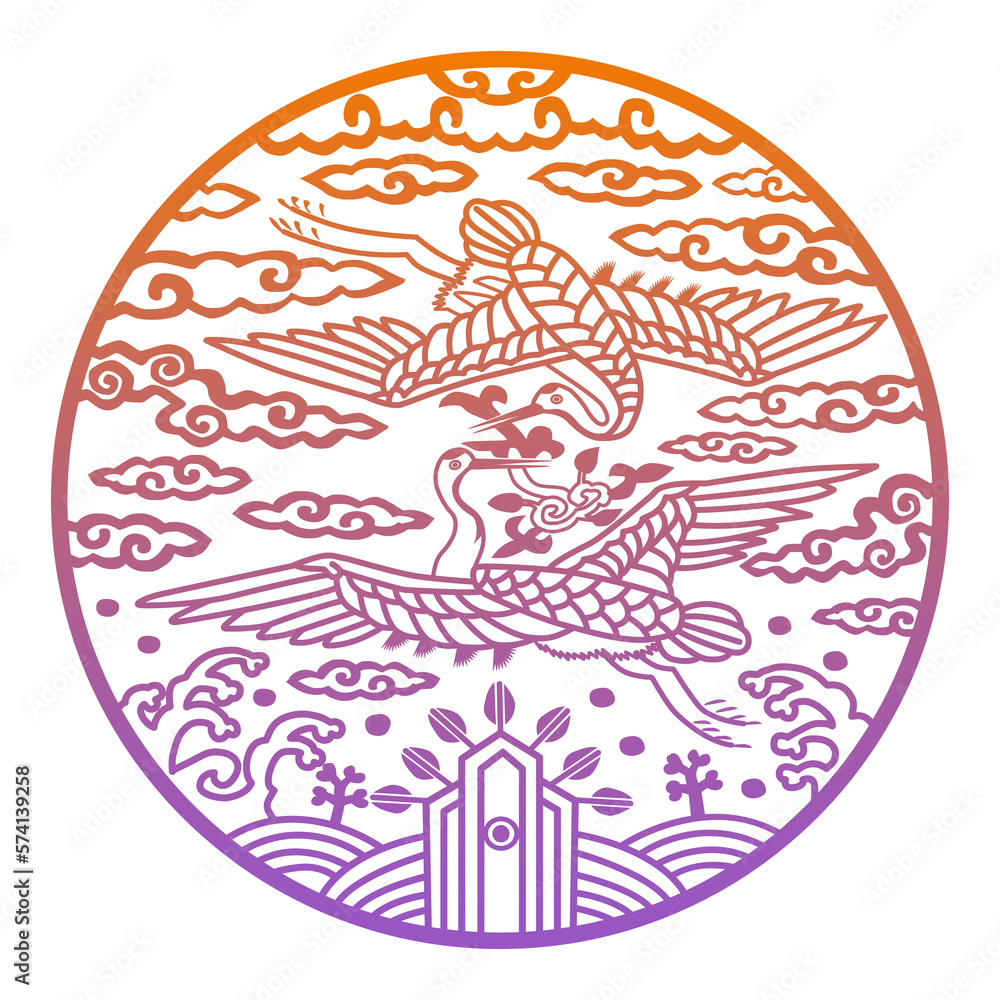 Circular crane, cloud, and herb of immortality pattern, which are ...