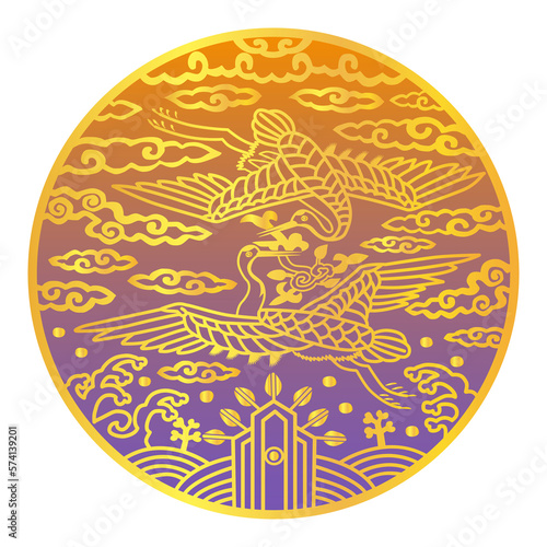 Circular crane, cloud, and herb of immortality pattern, which are Korean traditional patterns, 한국전통문양인 원형 학과 구름,불로초 패턴