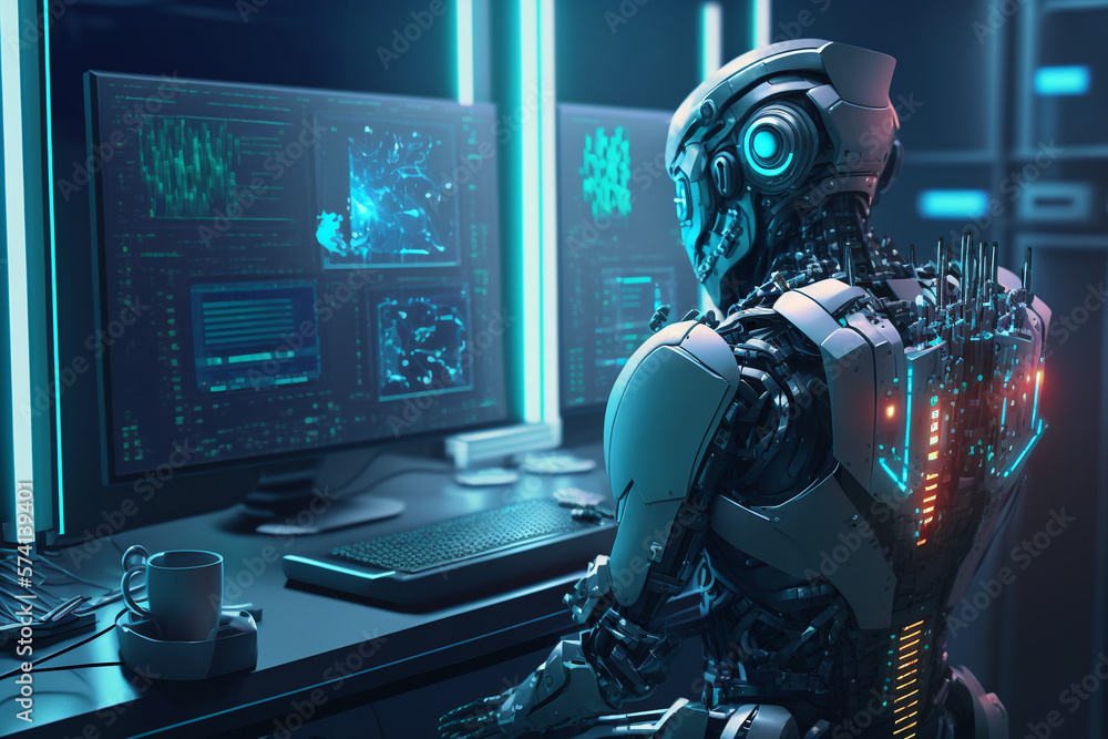 robot operating hologram computer in laboratory made with generative ai robot operating hologram computer in laboratory made with generative ai