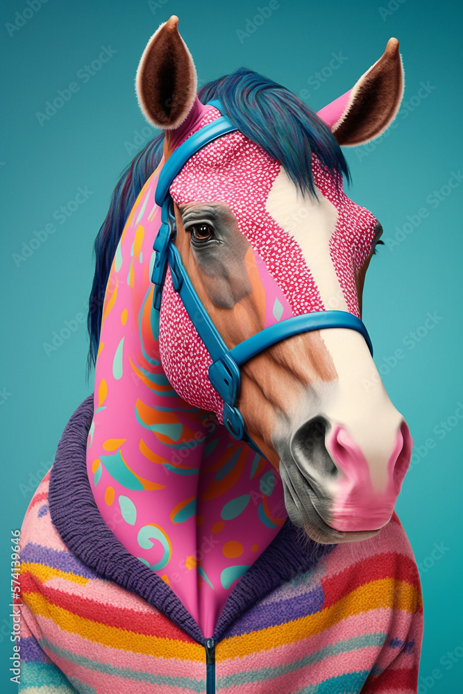 Horse  in Sweater as Fashion Model Bright Colors Generative AI Digital Illustration Part#220223