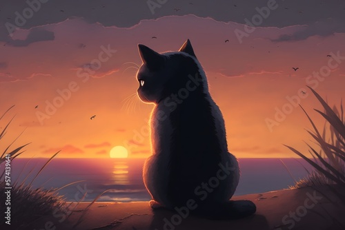 cat looking sunset created using AI Generative Technology