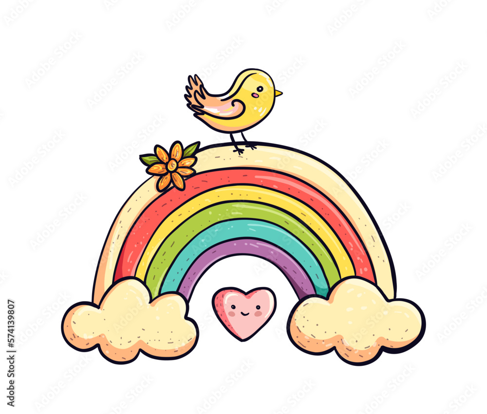 Kawaii bird, rainbow, clouds, heart. Beautiful cartoon character illustration in retro style. Vector cute design