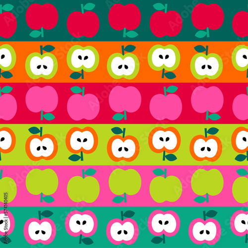 Colorful cute apples with stripes pattern background.