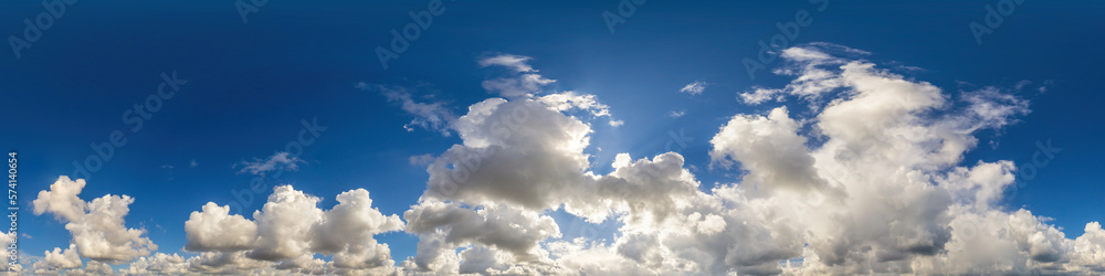 Fototapeta premium Blue sky panorama with puffy Cumulus clouds. Seamless hdr pano in spherical equirectangular format. Sky dome or zenith for 3D visualization, game and sky replacement for aerial drone 360 panoramas.
