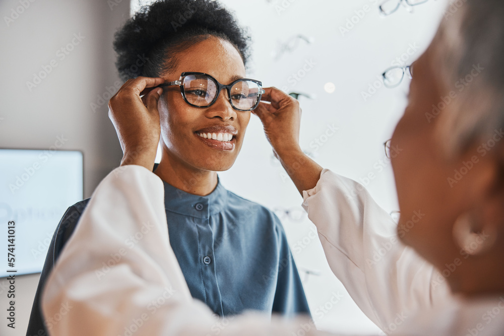 Glasses check, black woman and customer with store worker and optician