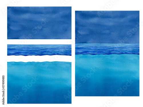Watercolor aquamarine landscape. Night sky and sea with its underwater part