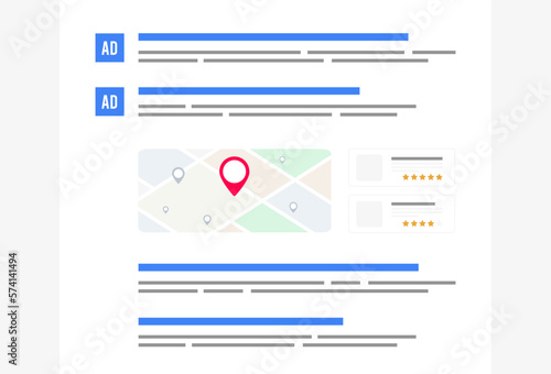 Text-based ads, paid, organic and local search results on search engine results page. Improve online visibility and website ranking. Flat vector illustration isolated on white background