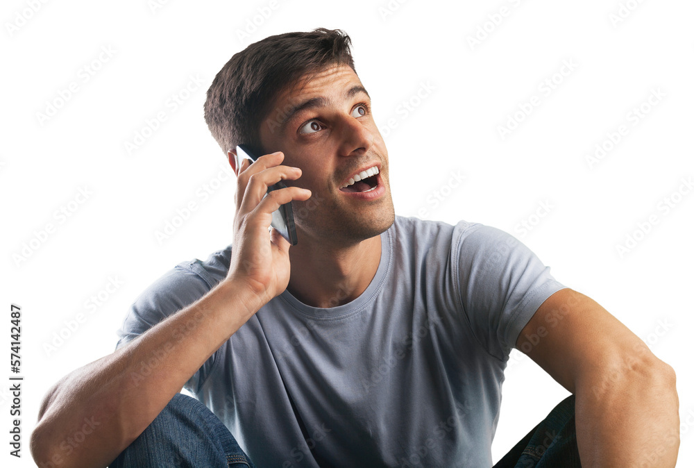 Shocked happy young man holds mobile phone Shocked happy young man holds mobile phone