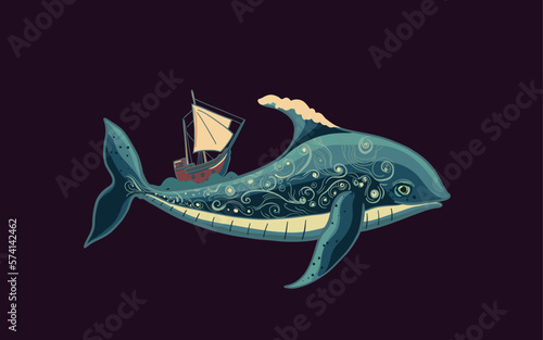Whale with yacht, sail boat. Sea adventure card. Vector cartoon  big fish with glowing luminiscent lights or stars and waves. Beautiful 
fantasy ocean, nautical illustration for tatoo, t shirt desig photo