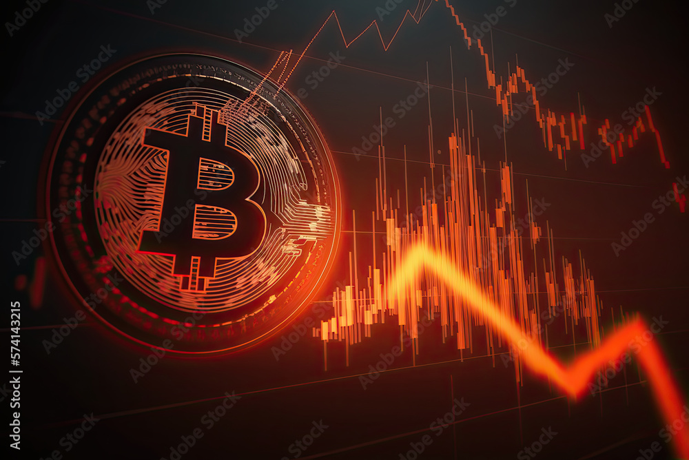 Bitcoin trading bear market with red stick trading chart and arrows. generative ai - obrazy, fototapety, plakaty 