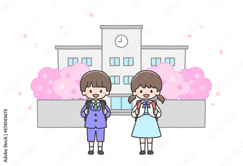 入学式　校門の前に立つ新一年生の男の子と女の子