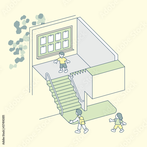 階段のある空間。子供たちが通学のために行きかう