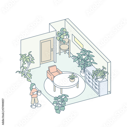 自宅のリビング。植物の中でゆったりくつろぐ
