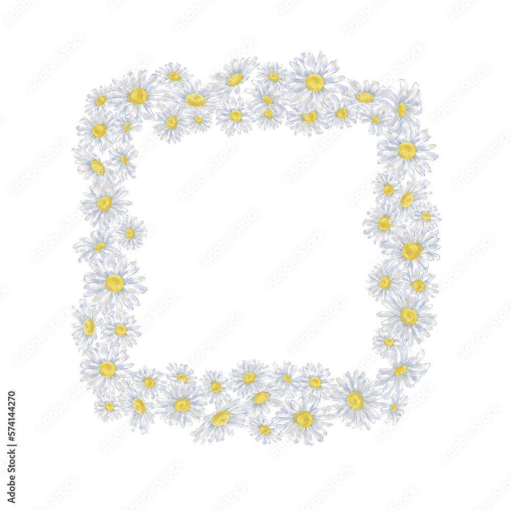 Daisy Square Frame. Floral Frame for Announcements, Advertising, Prints, Invitations, Greeting Cards, Posters etc. Watercolor Chamomile Heart Wreath with Text Space. Daisy Square Frame. Floral Frame for Announcements, Advertising, Prints, Invitations, Greeting Cards, Posters etc. Watercolor Chamomile Heart Wreath with Text Space.